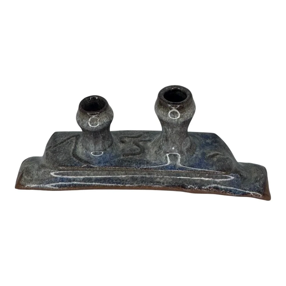 Art Pottery Candle Holder Studio Pottery Brutalist Signed‎ Blue Gray Glaze